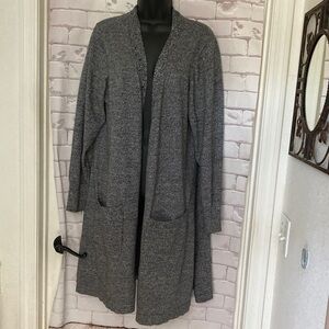 Gray Open-Front Long Knit Cardigan Sweater